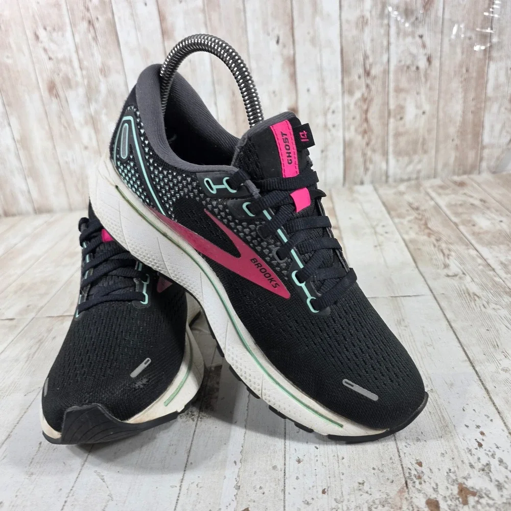 Brooks Ghost 14 Womens 6 Wide Black Pink Teal Running Shoes 1203561D013